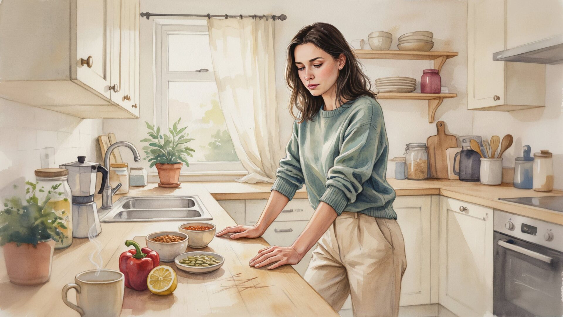 Frau in der Küche betrachtet eisenreiche Lebensmittel wie Linsen, Kürbiskerne und Paprika – Aquarell-Illustration in warmen Tönen.
