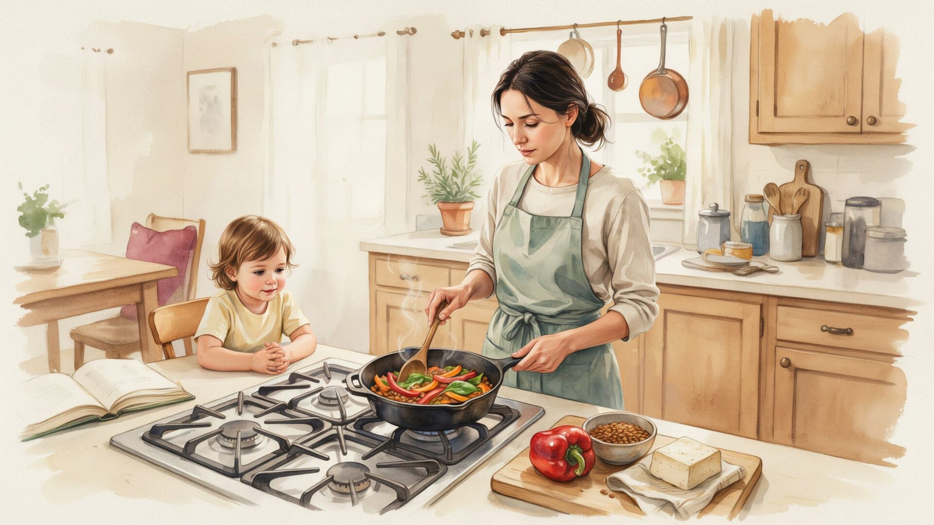 Mutter kocht eine eisenreiche Mahlzeit, Kind im Hintergrund – warme Aquarell-Illustration einer Familienküche.